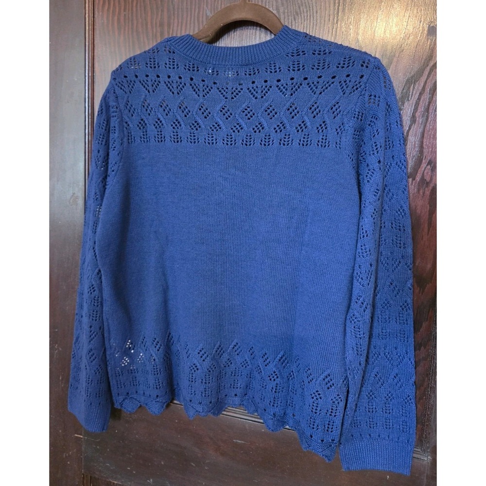 Nine West Sweater Womens Large Blue Knit Scalloped Pattern Navy Crochet New - Picture 7 of 12